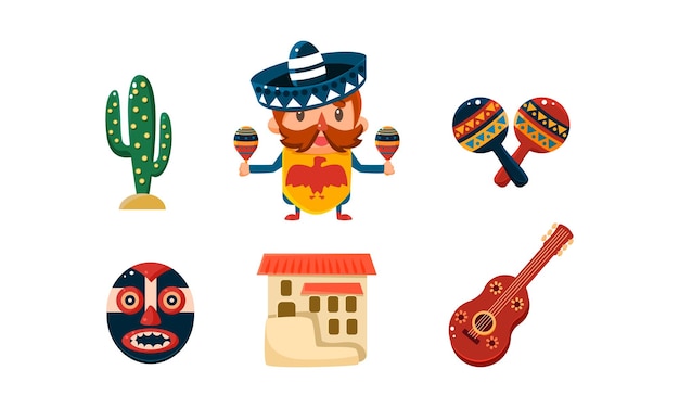 Conjunto de iconos de México símbolos de dibujos animados mexicanos vector ilustración aislada sobre fondo blanco