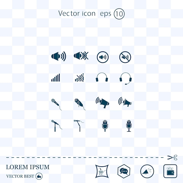 Conjunto de iconos micrófono megáfono auriculares ilustración vectorial Eps 10