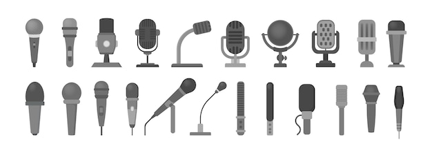 Conjunto de iconos de micrófono. Tecnología de audio, símbolo de registro musical. Signo de estudio de sonido. ilustración con estilo
