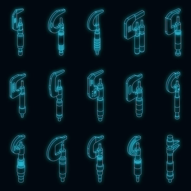Conjunto de iconos de micrómetro neón vectorial