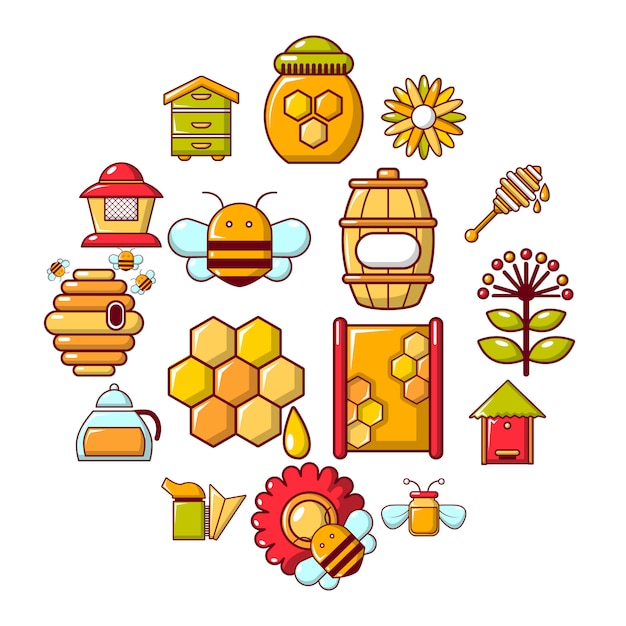 Conjunto de iconos de miel colmenar, estilo de dibujos animados