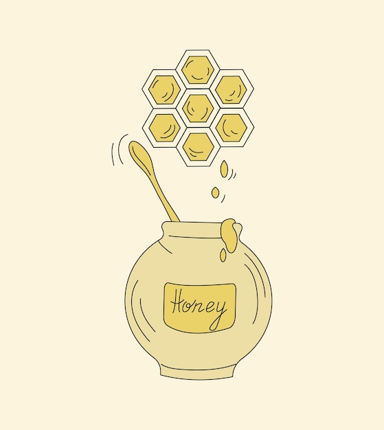 Vector conjunto de iconos miel en una olla y garabatos de panal inscripción productos de abejas naturales ilustración vectorial fondo aislado