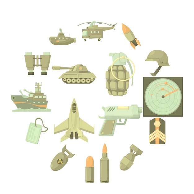 Conjunto de iconos militares, estilo de dibujos animados