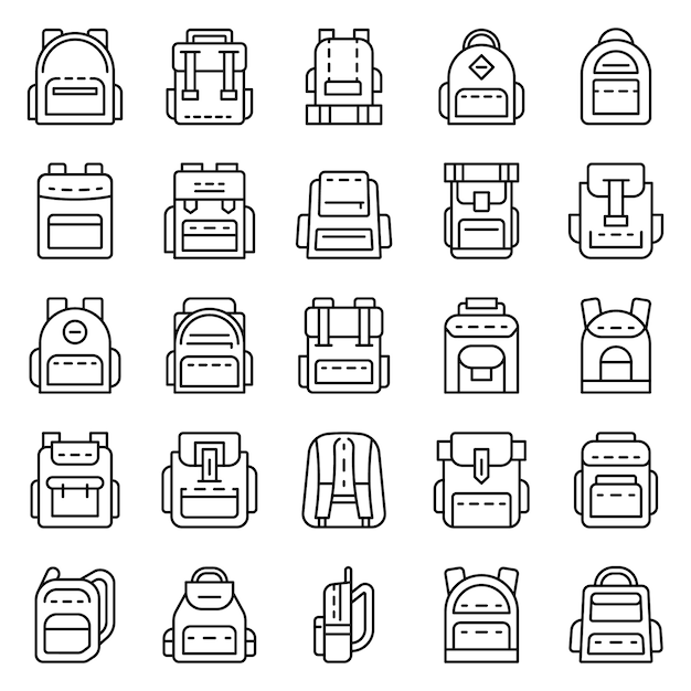 Conjunto de iconos de mochila. Esquema conjunto de iconos de vector de mochila