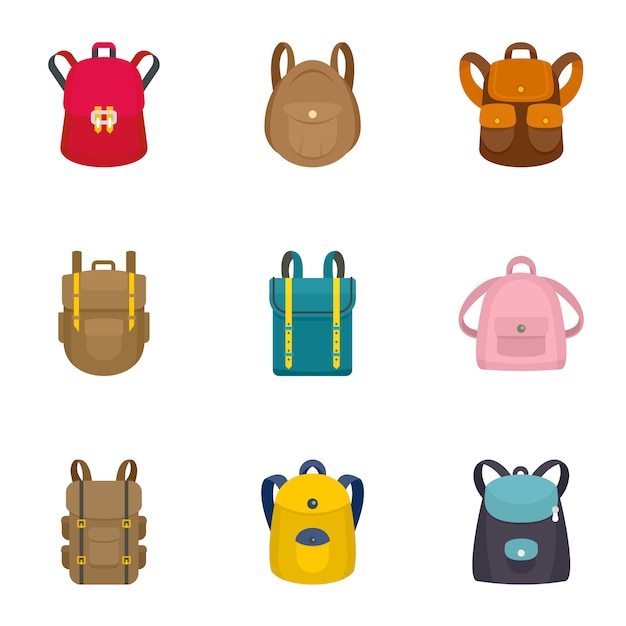 Conjunto de iconos de mochila moderna. Conjunto plano de 9 iconos de mochila moderna.