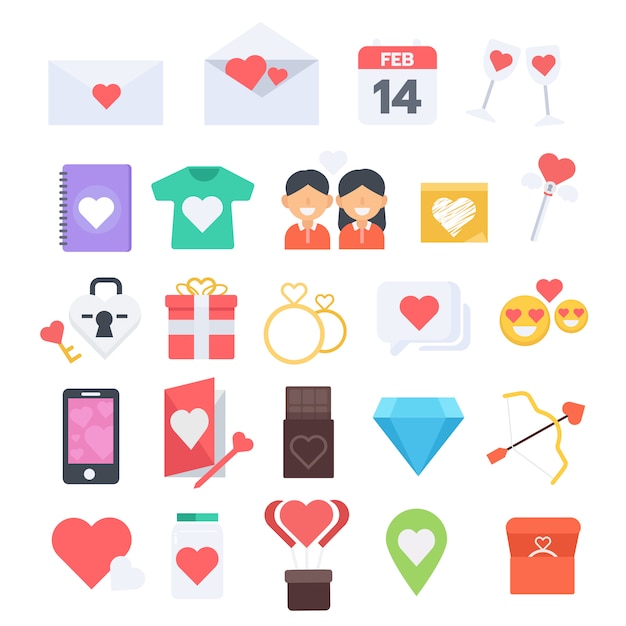 Conjunto de iconos modernos de diseño plano de San Valentín