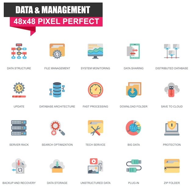 Vector conjunto de iconos modernos de organización y gestión de datos planas