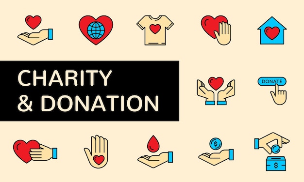 Conjunto de iconos modernos para organizaciones de donación de caridad, centros de voluntariado y eventos de recaudación de fondos
