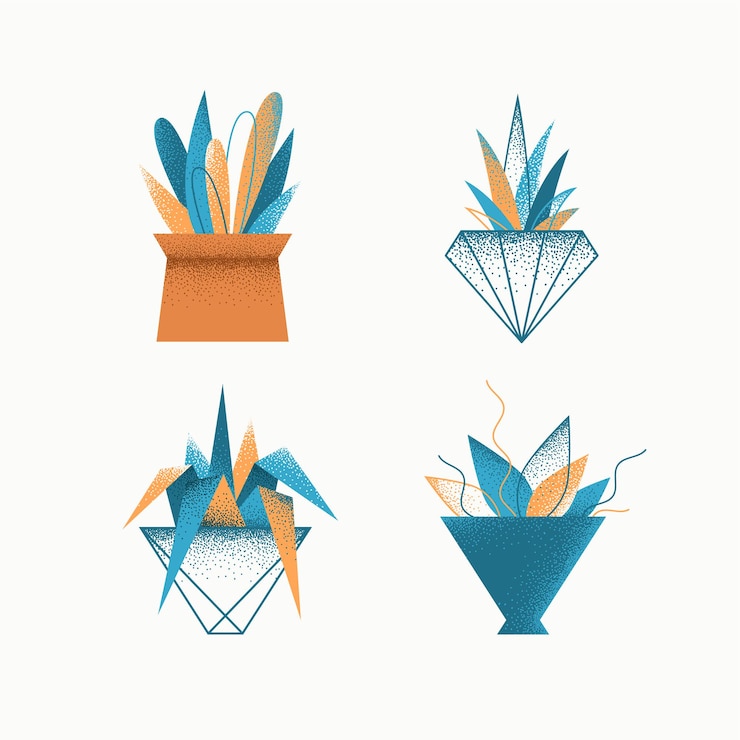 Vector conjunto de iconos modernos con textura de grano geométrico de plantas de interior en macetas.