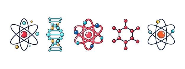 Conjunto de iconos de molécula y átomo. conjunto de dibujos animados de la colección de iconos de vector molécula y átomo aislado
