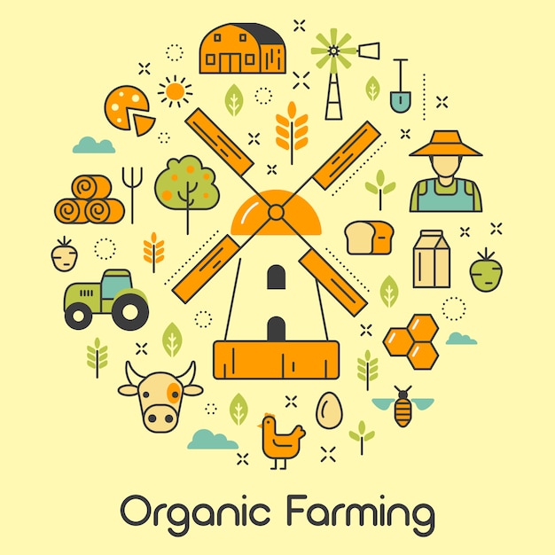 Conjunto de iconos con molino de viento y productos ecológicos