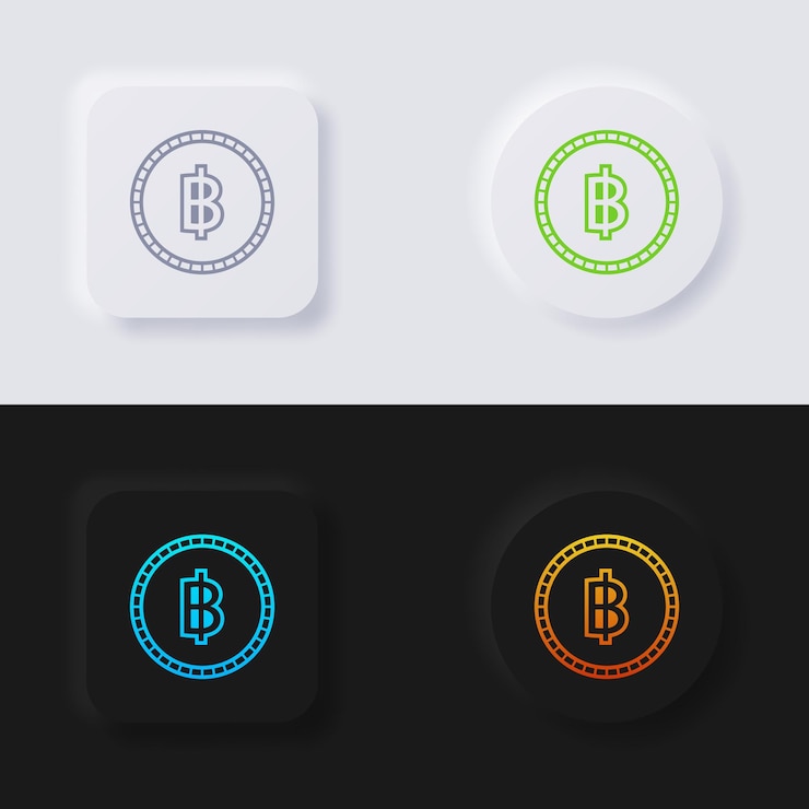 Vector conjunto de iconos de moneda de símbolo de moneda de baht tailandés, botón de neumorfismo multicolor.