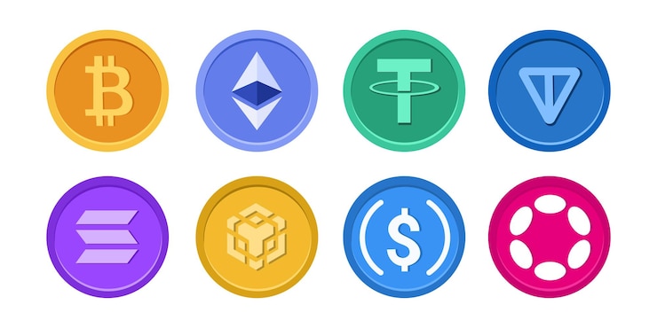 Vector conjunto de iconos de monedas de criptomonedas con monedas digitales populares, incluido bitcoin ethereum