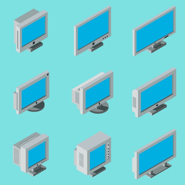 Conjunto de iconos de monitor de computadora de escritorio 3d plano isométrico