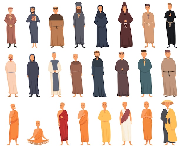 Conjunto de iconos de monje vector de dibujos animados. fraile católico