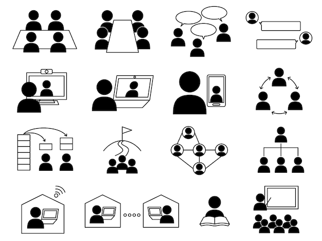 Conjunto de iconos monocromáticos para la escena de negocios Pictogramas para reuniones, conferencias remotas, capacitación, etc.