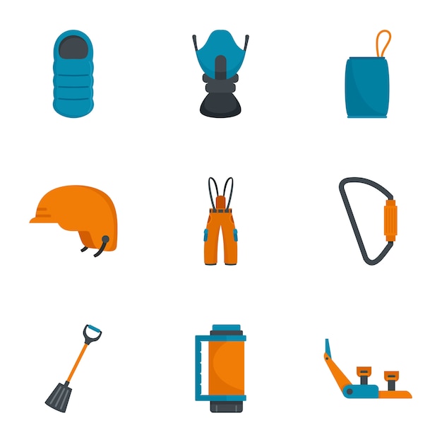 Conjunto de iconos de montaña senderismo. conjunto plana de 9 iconos de vector de montaña senderismo