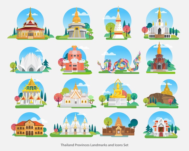 Conjunto de iconos y monumentos de Tailandia, iconos de construcción de arquitectura, ilustración vectorial