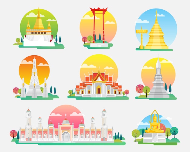 Conjunto de iconos y monumentos de Tailandia, iconos de construcción de arquitectura, ilustración vectorial