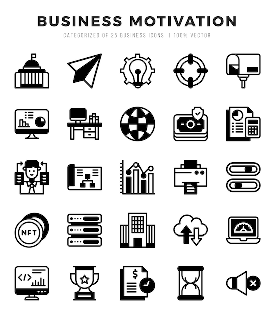 Conjunto de íconos de motivación empresarial llenos linealmente íconos artísticos llenos lineales ilustración vectorial