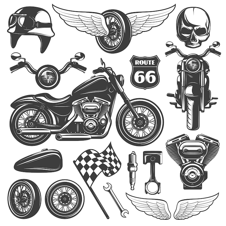Vector conjunto de iconos de motocicleta negro aislado con objetos reconocibles y atributos de moteros ilustración vectorial
