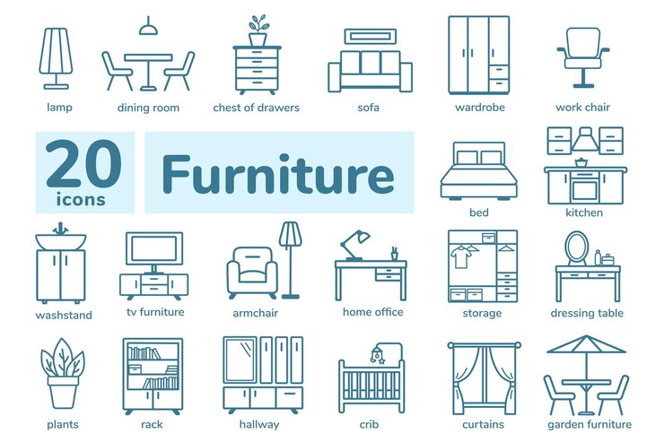 Vector conjunto de iconos de muebles. diseño de línea simple y delgada.