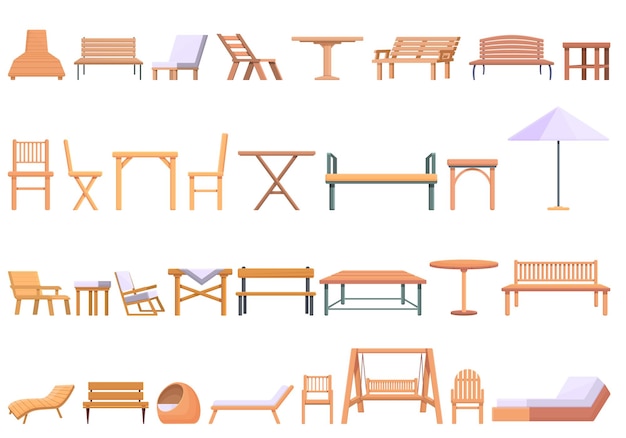 Conjunto de iconos de muebles de exterior. Conjunto de dibujos animados de iconos de vector de muebles al aire libre para diseño web