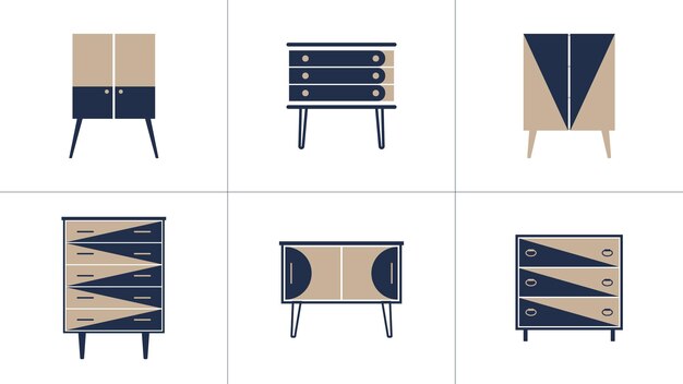 Vector conjunto de íconos de muebles mesas de noche cajones ilustración vectorial en estilo de diseño plano