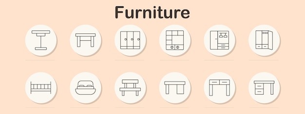 Conjunto de iconos de muebles Varios símbolos de muebles, incluidas mesas, sillas, camas y armarios para el diseño de interiores y el mobiliario del hogar