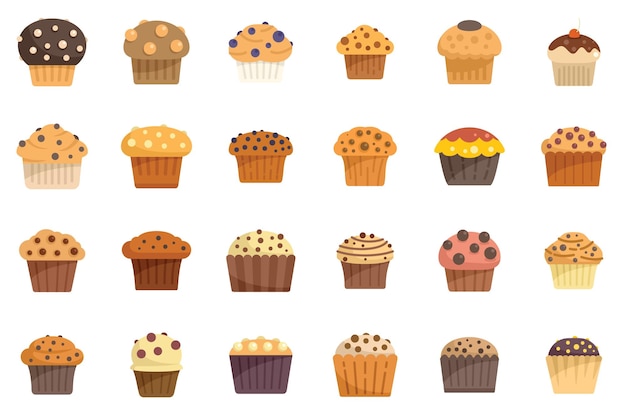 Conjunto de iconos de muffin pastel de panadería de vector plano