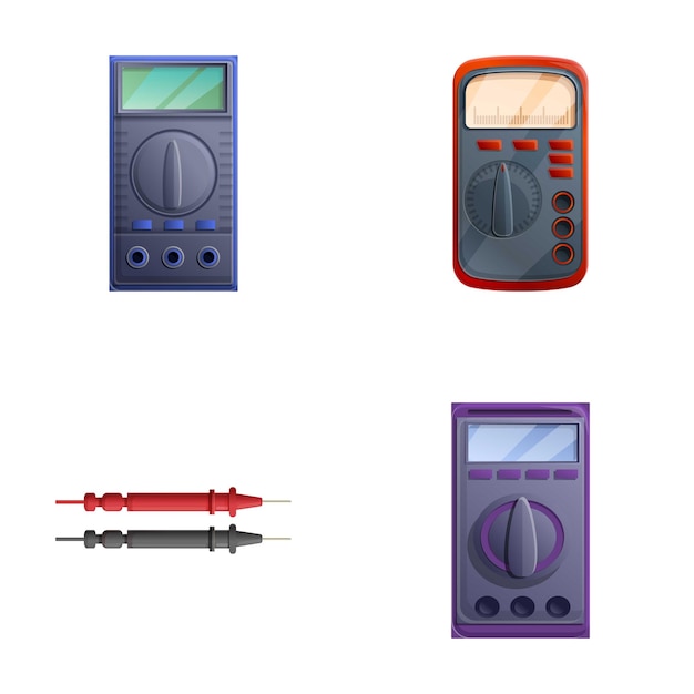 Conjunto de iconos de multímetro digital vector de dibujos animados Ommímetro de amperaje de tensión Instrumento de medición eléctrico