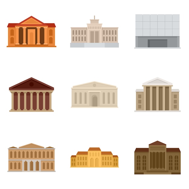 Vector conjunto de iconos de museo de teatro. conjunto plano de iconos de vector de museo de teatro aislado sobre fondo blanco