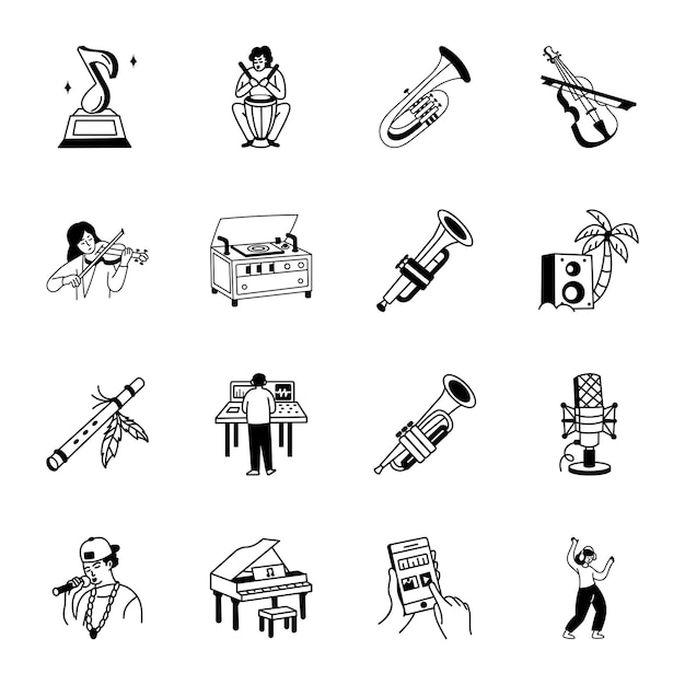 Conjunto de íconos de música de bajo dibujados a mano