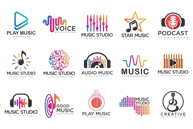Vector conjunto de iconos musicaleslogotipos vectoriales con notas musicales y festival de música de ondas de audioilustración vectorial