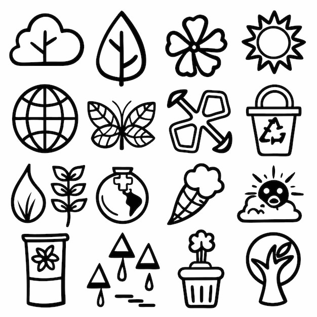 Conjunto de iconos de la naturaleza en blanco y negro al estilo de Doodle