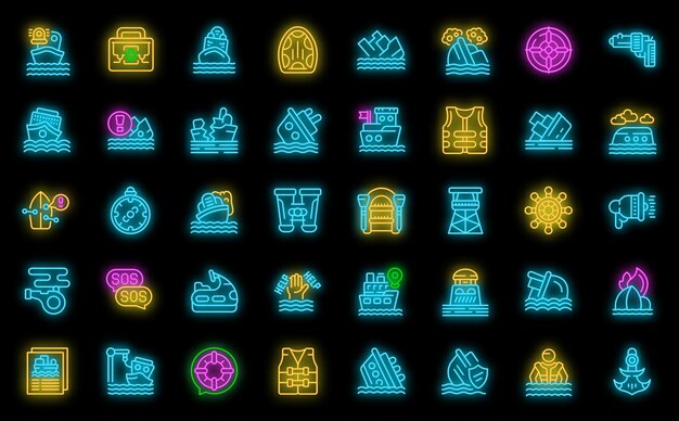 Conjunto de iconos de naufragio neón vectorial