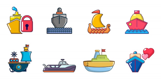 Conjunto de iconos de la nave. Conjunto de dibujos animados de iconos de vector de barco conjunto aislado