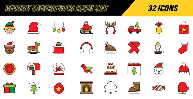 Conjunto de iconos de Navidad 32 iconos relacionados con la Navidad Colección de iconos lineales Ilustración vectorial EPS