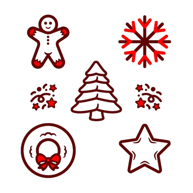 Conjunto de iconos de Navidad con arte de línea de dos colores estilo vectorial estrella árbol de nieve, etc.