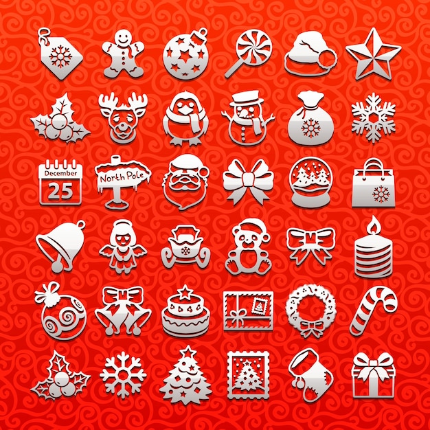 Conjunto de iconos de Navidad blanca sobre fondo rojo.