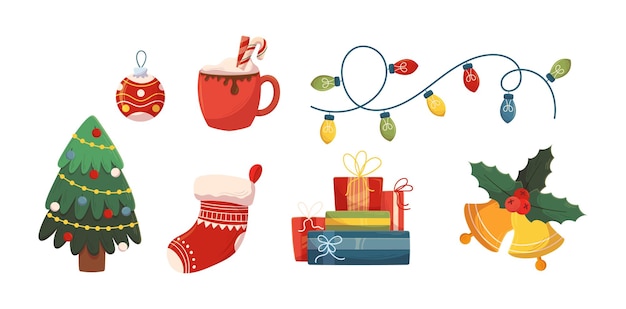 Conjunto de iconos de Navidad y decoración Abeto Guirnalda Campanas y calcetines Regalos Adorno con taza de cacao Artículos de vacaciones de Navidad