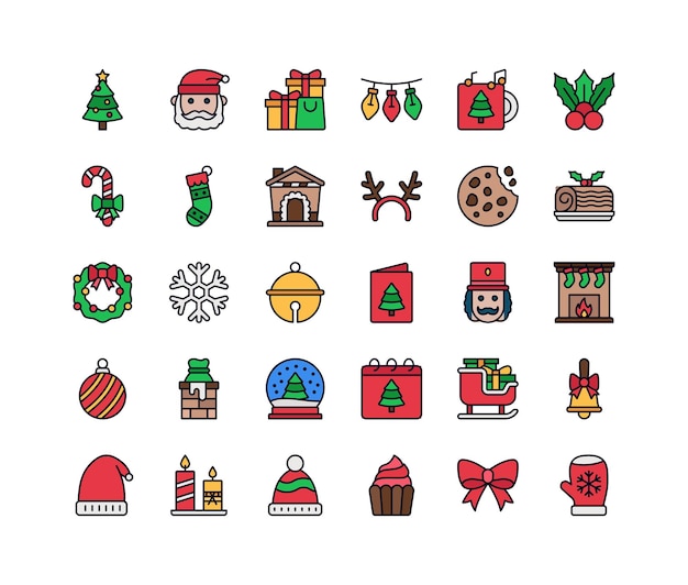 Conjunto de iconos de Navidad Iconos de estilo de línea llena