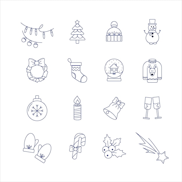 Conjunto de iconos de Navidad lineales Símbolos de Navidad Árbol de Navidad Vela Muñeco de nieve