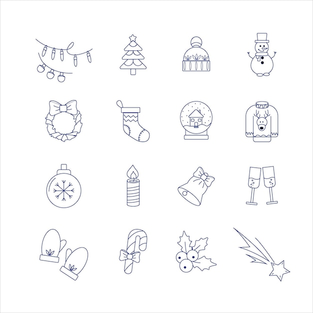 Conjunto de iconos de navidad lineales símbolos de navidad árbol de navidad vela muñeco de nieve