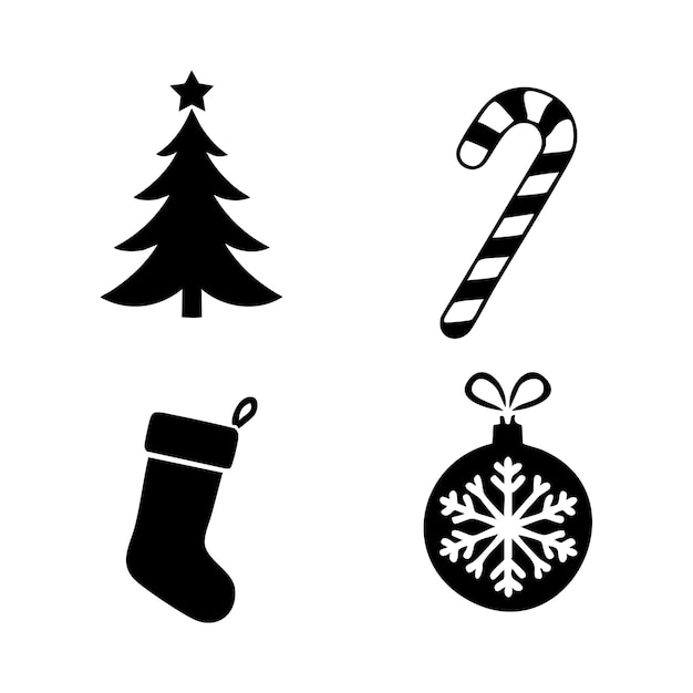 Conjunto de íconos de Navidad simples en blanco y negro
