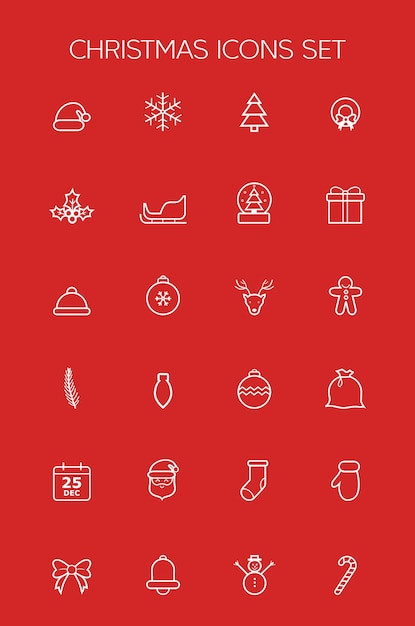 Vector conjunto de iconos de navidad sobre fondo rojo.