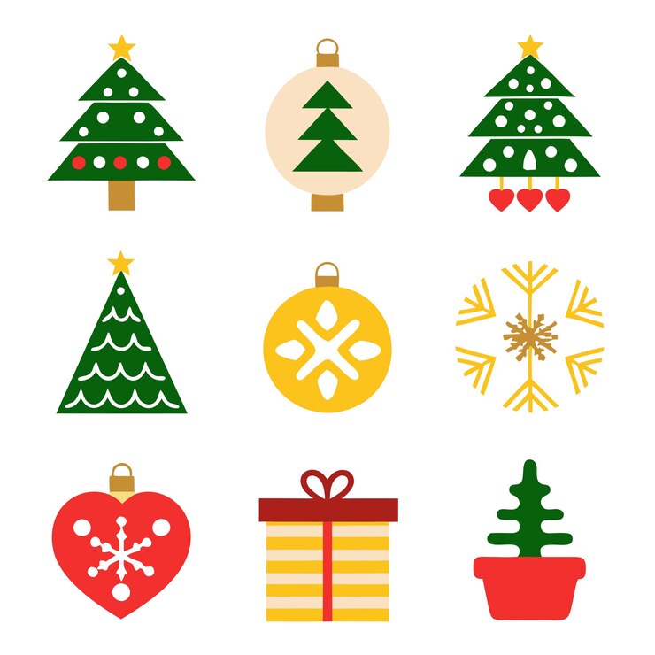Vector conjunto de iconos navideños coloridos con elementos festivos en estilo de diseño plano sobre un fondo blanco