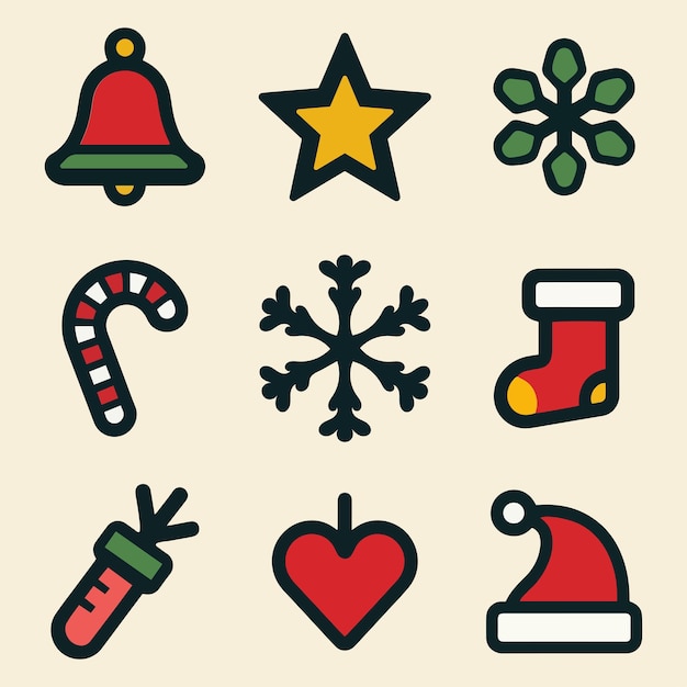 Conjunto de iconos navideños festivos de estilo vectorial Símbolos de vacaciones con caña de caramelo de copo de nieve de estrella de campana