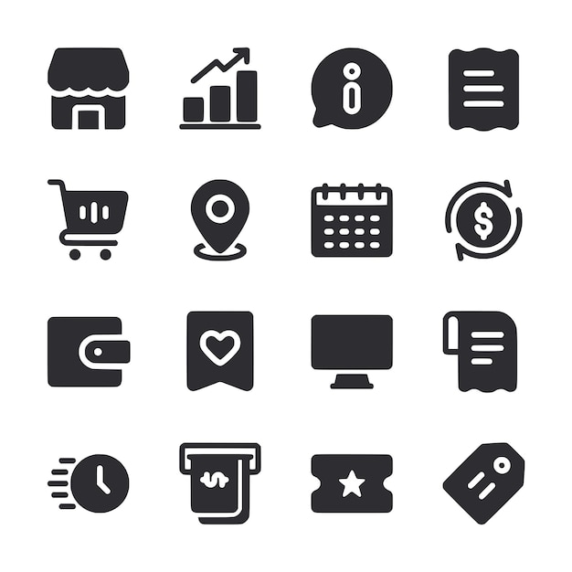 Conjunto de iconos de negocios y compras que representan varios aspectos del comercio y las transacciones