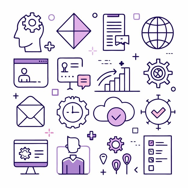 Conjunto de iconos de negocios dibujados a mano con documentos de usuario de engranajes, correo electrónico y más